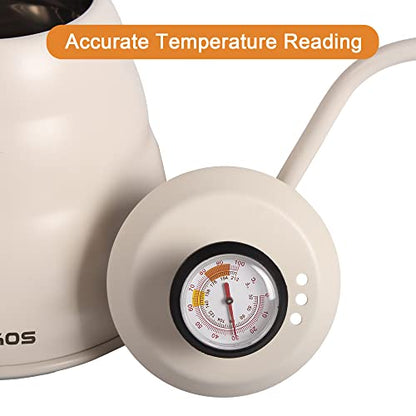 Tea Kettle gooseneck with Thermometer for Pour Over Coffee & Tea, 42 fl oz, Premium Stainless Steel, Accurate Temperature Control, Ideal Spout for Precision Pouring, Compatible with all Stovetop - color: White