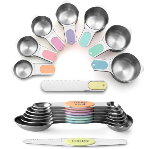 Spring Chef Magnetic Measuring Cups & Spoons Set of 15 - Pastel | Stainless Steel, Patented, BPA Free, Strong Magnets, Heavy Duty - color: Pastel, size: Set of 15