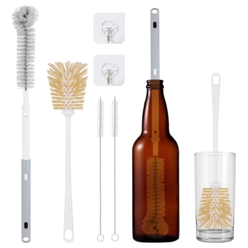 Adjustable Bottle Brush Set with Straw Cleaners & 2 Hooks 15.6" | Extends up to 15.6” to clean narrow bottles & coffee makers Pack includes fixed handle brush, straw brushes & hooks