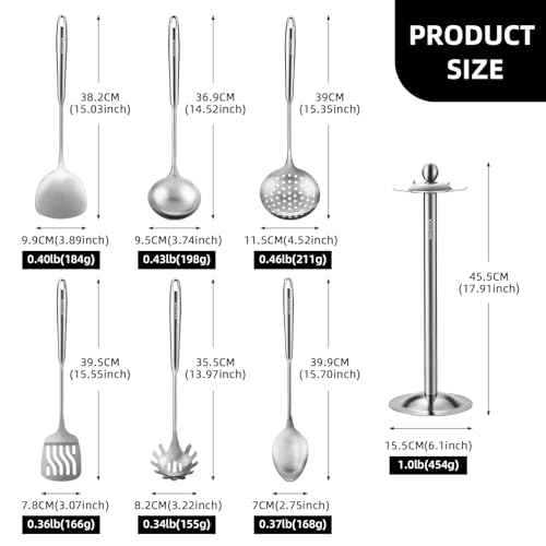 Stainless Steel Cooking Utensils set, 18/8 Stainless Steel Kitchen Utensils set, 7 Pieces Cookware Set with Rotating Holder, Heat Resistant Stainless Steel Cooking Spoon(Dishwasher Safe) - size: 18/8 Stainless Steel Utensil Set of 7