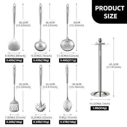 Stainless Steel Cooking Utensils set, 18/8 Stainless Steel Kitchen Utensils set, 7 Pieces Cookware Set with Rotating Holder, Heat Resistant Stainless Steel Cooking Spoon(Dishwasher Safe) - size: 18/8 Stainless Steel Utensil Set of 7