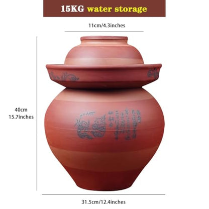 Handmade Clay Traditional Kimchi Jar, Water-Tight Fermentation Crock, Kitchen Grain Storage Bottle, Unglazed Interior
