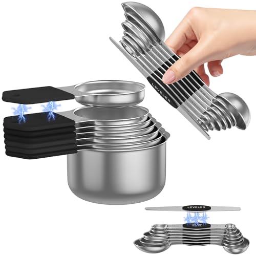 Magnetic Measuring Cups and Spoons Set – 304 Stainless Steel | Dual-sided Design | 15-Piece with Leveler | N52 Space-Saving Magnetic Nesting | Baking & Meal Prep | Kitchen Gift (Black) - color: Magnetic Measuring Cups and Spoons Set - Black