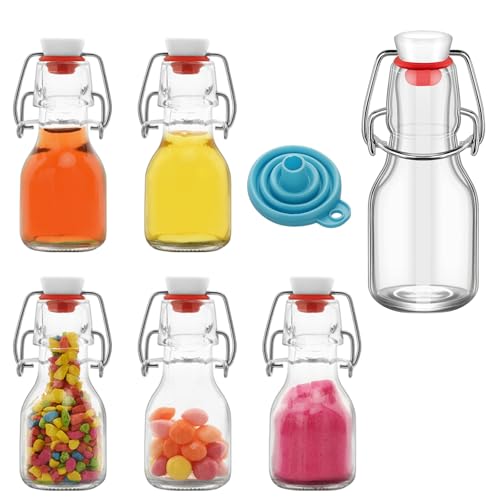 6Pcs Red Lid 2 oz Mini Swing Top Glass Bottles, 60ML Mini Storage Bottles, with Lids Kraft Decoration,Small Glass Bottles,for Wedding Themed Party Favors (6)
