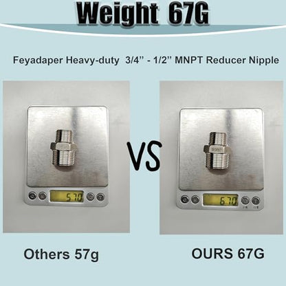 304 Stainless Steel Hex Nipple Reducer, 3/4" x 1/2" NPT Male Threaded Reducing Nipple Pipe Fitting Adapter, 2000psi Heavy Duty Reducer Straight Connector (3/4"- 1/2")