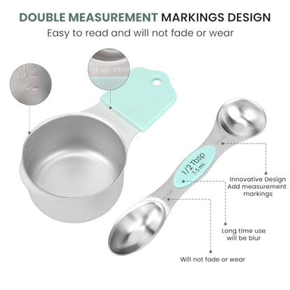 Magnetic Measuring Cups and Spoons Set-Heavy Duty 304 Stainless Steel，Double Measurement Markings，Set of 16 with Leveler for Measure Dry and Liquid Ingredients (Mint) - color: Mint