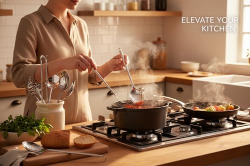 Melvvi Silver Stainless Steel Kitchen Utensils Set – 9-Piece | Non-Toxic, Stronger & Rust-Resistant Spatula, Spoons, Ladle, Slotted Turner, Pasta Server | Valentine Gifts