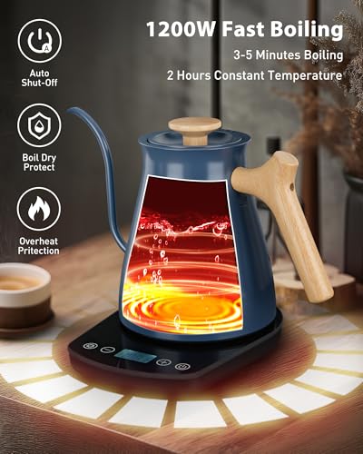 Harriet Gooseneck Electric Kettle - 1200W Fast Heat, 0.8L Stainless Steel, Precision Temp Control & Timer, Wood Handle, Pour Over Coffee and Tea, Blue - color: Blue