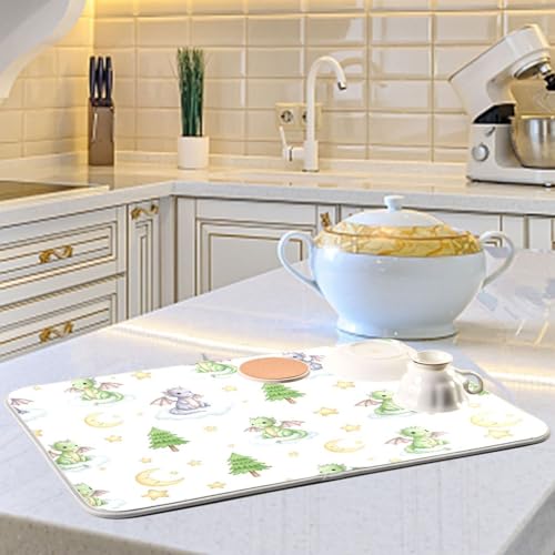 Cartoon Dragons Tree Star Dish Drying Mat for Kitchen Counter Super Absorbent Draining Mat with Non-slip Backed Sink Tray Mat for Sinks Countertops Draining Racks Dish Bottles Cups Bowl