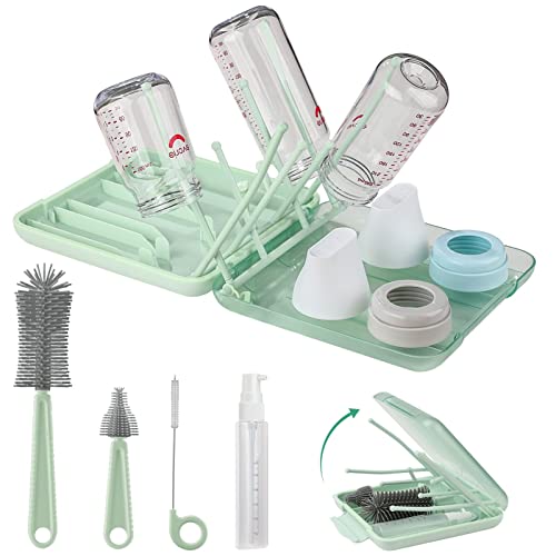 Baby Bottle Brush Set,6 in 1 Travel Silicone Bottle Cleaner Kit with Extendable Brush,Built-in Drying Rack,Nipple & Straw Brushes,Soap Dispenser & Organizer Case – Baby Shower Gift for New Moms - color: Green