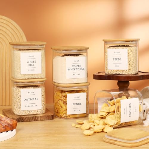 6 Pack Square Glass Pantry Storage Containers with 132 Kitchen Food Pantry Labels - 24 floz Clear Glass Pantry Jars with Airtight Wood Bamboo Lids - Glass Canisters for Sugar, Cereal, Coffee, Spice - size: 24oz-6pack