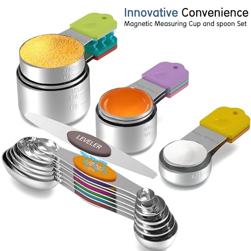 Magnetic Measuring Cups and Spoons Set, 6 Nesting Stainless Steel Measuring Cup Set with Easy to Read Markings, 7 Magnetic Measuring Spoons & 1 Leveler for Measuring Dry or Liquid Ingredients - style: B-Magnetic 14PCS