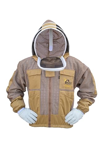 3 Layer Bee Jacket with Fencing Veil and One Pair Gloves Ventilated Sting Proof Beekeeping Jacket for Beekeepers - color: Khaki, size: Medium