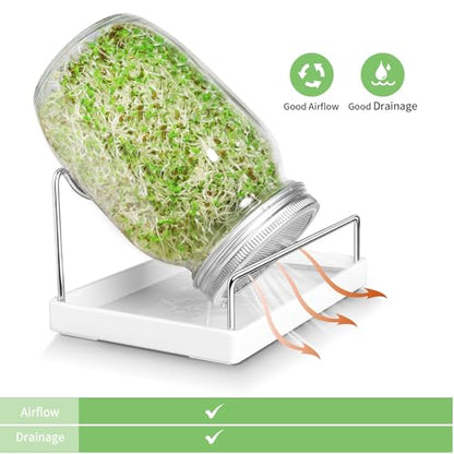 Seed Sprouting Jar Kit - 2 Wide Mouth Mason Jars with 316 Stainless Steel Sprouting Lids Covers, Drip Tray and Stand for Growing Broccoli Alfalfa Beans Sprout (Two Jars)