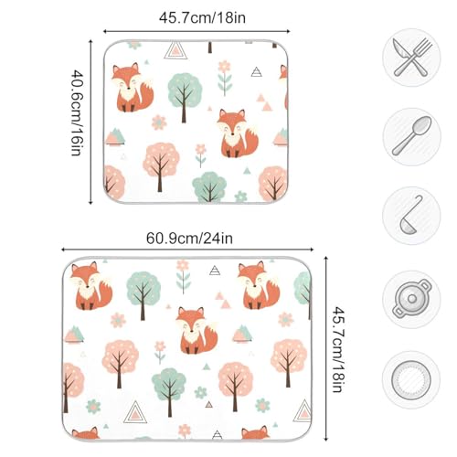 Fox Tree Flowers Dish Drying Mat for Kitchen Counter Super Absorbent Draining Mat with Non-slip Backed Dish Drying Pad for Draining Racks Countertops Sinks Dish Bottles Cups Bowl