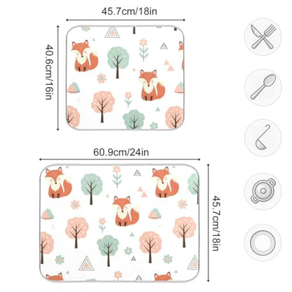 Fox Tree Flowers Dish Drying Mat for Kitchen Counter Super Absorbent Draining Mat with Non-slip Backed Dish Drying Pad for Draining Racks Countertops Sinks Dish Bottles Cups Bowl