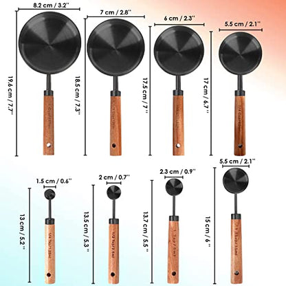 8-Piece Black Measuring Cups and Spoons Set, Stainless Steel Kitchen Measuring Set with Acacia Wood Handles for Baking and Cooking - color: Black