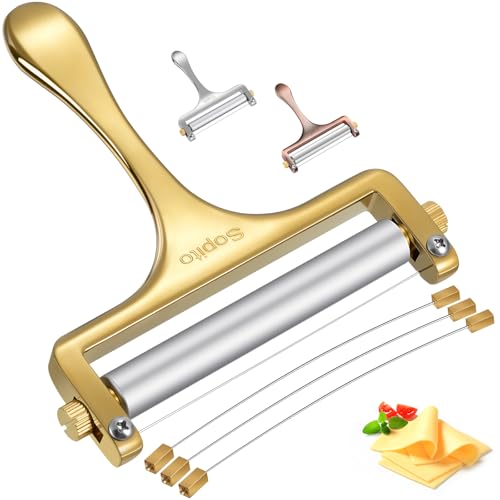 Sopito Cheese Slicer Stainless Steel with 3 Extra Wires Great for Cheddar, Gruyere, Raclette, Mozzarella Cheese Block, Gold - color: Gold