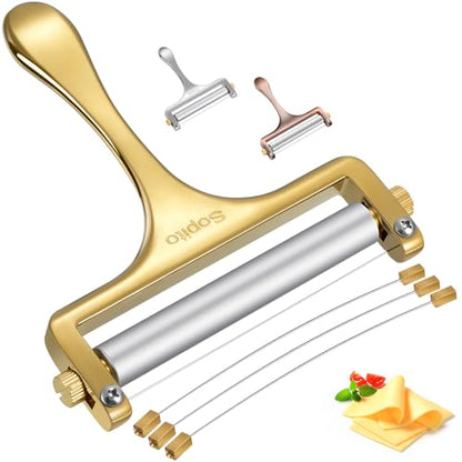 Sopito Cheese Slicer Stainless Steel with 3 Extra Wires Great for Cheddar, Gruyere, Raclette, Mozzarella Cheese Block, Gold - color: Gold