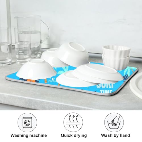 Shark Palm Trees Blue Dish Drying Mat for Kitchen Counter Super Absorbent Draining Mat with Non-slip Backed Sink Mats for Dish Bottles Cups Bowl Sinks Countertops Draining Racks