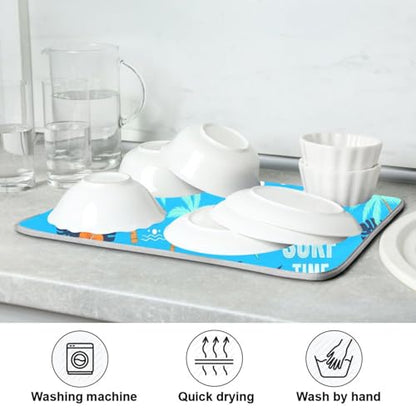 Shark Palm Trees Blue Dish Drying Mat for Kitchen Counter Super Absorbent Draining Mat with Non-slip Backed Sink Mats for Dish Bottles Cups Bowl Sinks Countertops Draining Racks