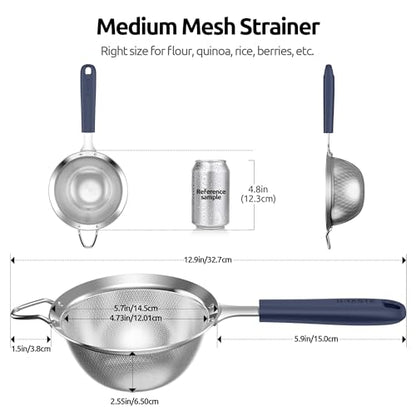 U-Taste Medium Fine Mesh Strainer: 18/8 Stainless Steel 4.73in 30 Mesh Kitchen Food Sieve with Sturdy Riveted Silicone Handle, Heavy Duty Deep Handheld Metal Colander for Rice, Quinoa(Midnight Blue) - color: (3) Midnight Blue, size: M-4.73in