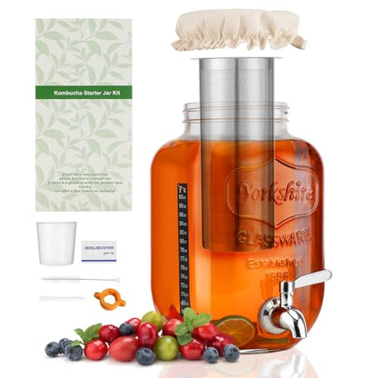 1 Gallon Kombucha Starter Kit, Glass Kombucha Jar with Spigot and Stainless Steel Mesh Filter Fermentation Kit for Home Brewed Kombucha Bottles, Includes Test Strips, Measuring Cups, Cloth Top | 1 Gal kombucha kit for home fermented tea. Spigot, filter &