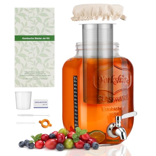 1 Gallon Kombucha Starter Kit, Glass Kombucha Jar with Spigot and Stainless Steel Mesh Filter Fermentation Kit for Home Brewed Kombucha Bottles, Includes Test Strips, Measuring Cups, Cloth Top | 1 Gal kombucha kit for home fermented tea. Spigot, filter &