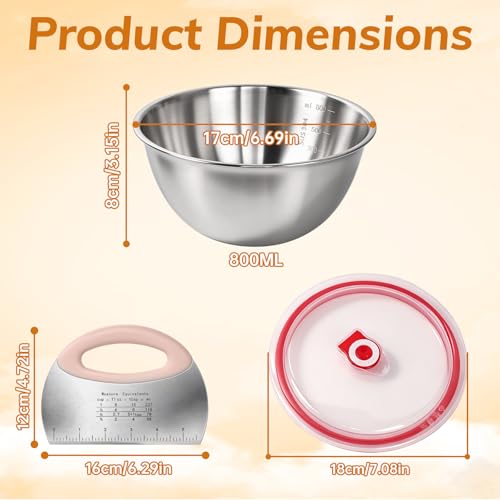 3 Pack Pizza Dough Proofing Box Includes Cutter, 800ML Stainless Steel Food Storage Container with Lid, Household Pizza Dough Bowl for Bread & Dough Balls - size: 800ML