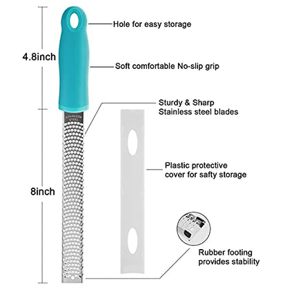 8-Inch Lemon Zester & Cheese Grater 18/8 Stainless Steel Citrus Zester for Lemon, Lime, Parmesan, Garlic & Ginger 8’’ Long Razor Sharp Blade, Ergonomic Non‑Slip Handle with Protective Cover, Blue - color: B-Blue