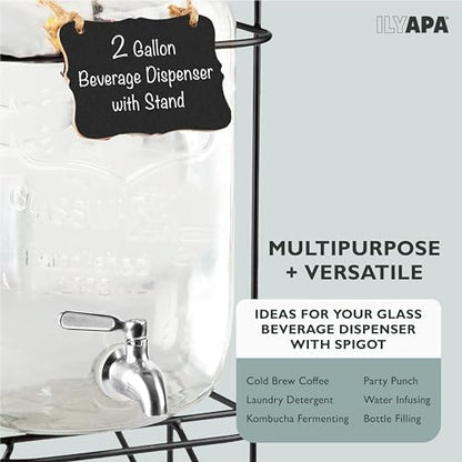 Ilyapa 2 Gallon Glass Beverage Dispenser, Metal Base, Stainless Steel Spigot & Hanging Chalkboard - for Lemonade, Tea, Cold Water & More - size: 2 Gallon with Black Stand