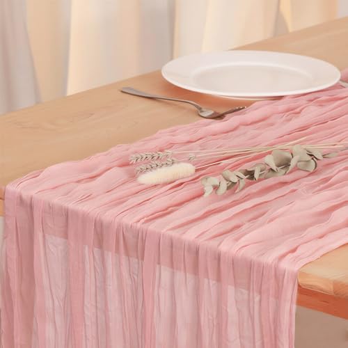 Peach Pink Cheesecloth Table Runner 120 Inch 10FT Cheese Cloth Fabric Runners 1 Pack for Baby Shower, Valentine's Day, Wedding Decoration, Birthday Party - color: Peach Pink