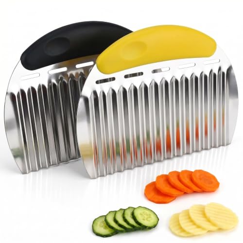 2 Pcs Stainless Steel Crinkle Chopper & French Fry Cutter Heavy Duty Wavy Potato Slicer for Vegetables Fruits Cheese Kitchen Gadget Vegetable Chopping Tool (Black & Yellow) - color: Black & Yellow