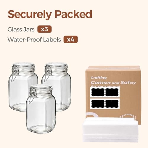 ComSaf Set of 3 Square Glass Jars with Airtight Lids (51 Oz) — Wire Clamp Canisters for Small-Batch Pickling, Kimchi, Bulk Dry Food, Wide Mouth Space Saving Kitchen Pantry Organization Jars - size: 51oz*3