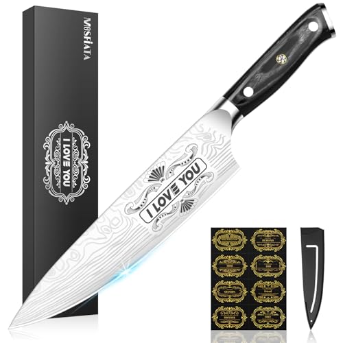 MOSFiATA Gifts for Men Women Christmas, 8" Sharp Kitchen Knife Set with Sheath Professional German EN1.4116 Stainless Steel, Chef Gifts for Best Dad Mom Birthday, Anniversary Xmas Gift Box-I Love You - style: Love chef knife