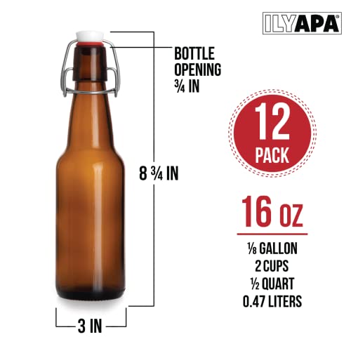 Ilyapa 16 oz Amber Flip Top Glass Beer Bottles for Home Brewing, Set of 12 - size: 12 pack