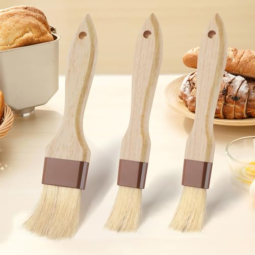 3 Pack Natural Bristle Pastry Brush for Basting Baking Cooking Food | Wooden Handle for Grilling & BBQ, Shed-Resistant Cooking Brushes for Sauce, Oil, Butter and Marinade