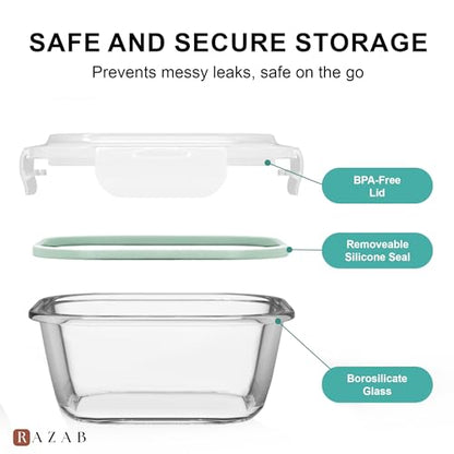 Razab 6 PC Square Glass Food Storage Containers with Airtight lids (74, 40 & 18 oz) Kitchen Glass Meal Prep Containers Set for Freezer Reusable Leftover Lunch Boxes, Oven, Microwave, Dishwasher Safe
