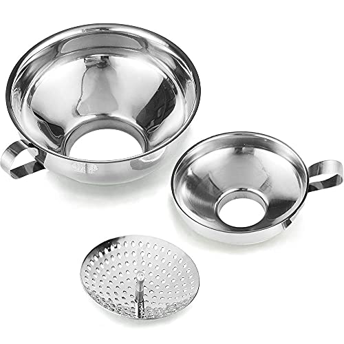3 Pack Wide Mouth Stainless Steel Funnel Set with Detachable Filter Strainer, Food Grade Metal Kitchen Funnels with Handle, Large & Small Funnels for Canning, Jars, Liquid & Dry Ingredients