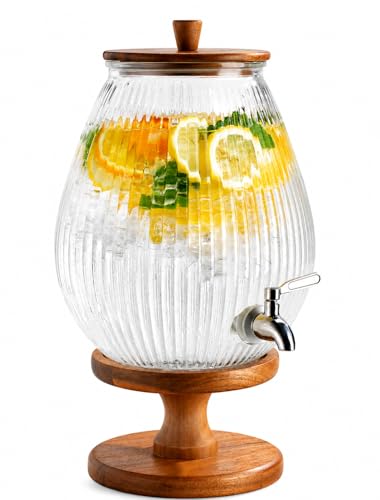 2 Gallon Drink dispenser, Glass Beverage Dispenser With Wood Stand, Large Water Drink Dispensers for Parties With Stainless Steel Spigot, Ideal for Lemonade,Juice, Tea, and Party Drinks - color: Clear - 2 Gallon