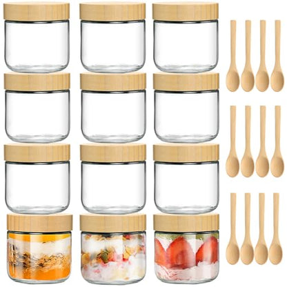 TBWIND 12 Pack 10oz Overnight Oats Containers with Airtight Bamboo Lids | Glass Jars for Salad, Yogurt Storage, Mason Jars for Snacks, Spices & Meal Prep – Reusable