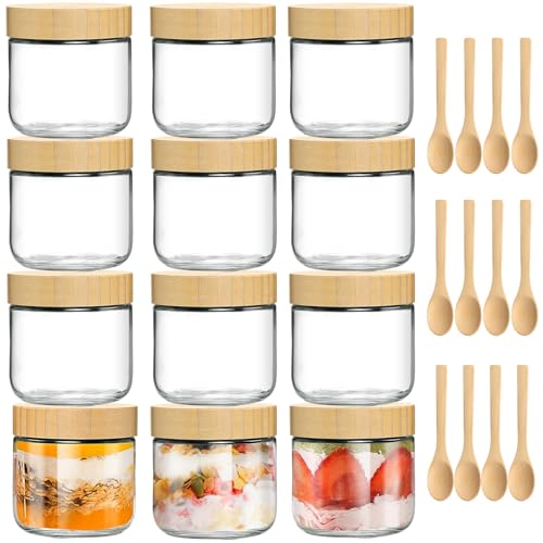 TBWIND 12 Pack 10oz Overnight Oats Containers with Airtight Bamboo Lids | Glass Jars for Salad, Yogurt Storage, Mason Jars for Snacks, Spices & Meal Prep – Reusable