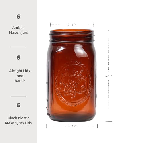 Yodecy 6 Pack 32 oz Amber Wide Mouth Mason Jars with Airtight Lids and Black Plastic Mason Jar Lids, Amber Canning Jars with Lid