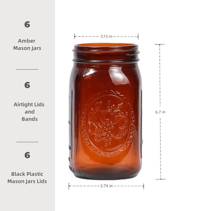 Yodecy 6 Pack 32 oz Amber Wide Mouth Mason Jars with Airtight Lids and Black Plastic Mason Jar Lids, Amber Canning Jars with Lid