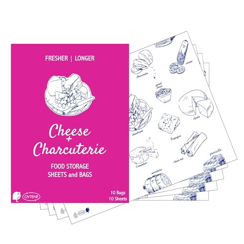Food Storage Sheets and Bags for Cheese + Charcuterie | Keeps cheese and meat fresher, longer (Ovtene Variety Pack Includes 10 sheets and 10 small bags) Made in Italy