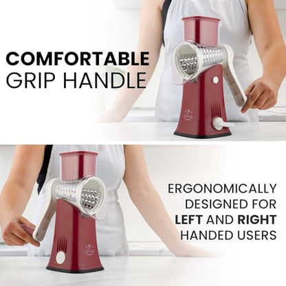 Zulay Kitchen Rotary Cheese Grater 5 Blade Cheese Shredder - Manual Hand Crank Cheese Grater With Reinforced Suction & 5 Interchangeable Drums - Easy to Use, Vegetable Chopper Round Mandoline Slicer - color: White and Red