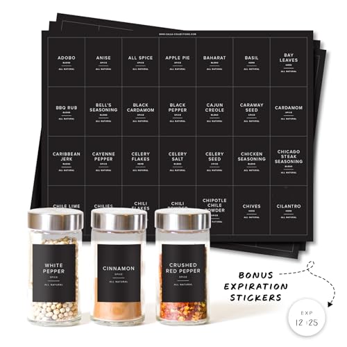 230 Black Spice Labels by ThreeKin | Waterproof & Oil-Resistant Pre-Printed Stickers for Spice Jars | Durable, BPA-Free Seasoning Labels | Easy-Clean, No-Residue Design | Proudly Female & USA Owned - color: Black