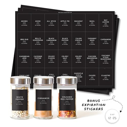 230 Black Spice Labels by ThreeKin | Waterproof & Oil-Resistant Pre-Printed Stickers for Spice Jars | Durable, BPA-Free Seasoning Labels | Easy-Clean, No-Residue Design | Proudly Female & USA Owned - color: Black
