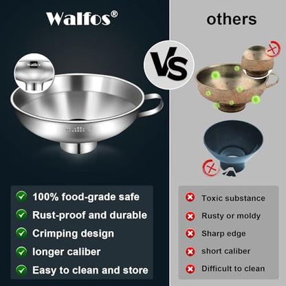 Walfos 5.5 Inch and 4 inch Stainless Steel Wide-Mouth Funnel with Handle for Wide and Regular Mason Jars Canning Jars,Wide Mouth Funnels for Kitchen Use Transferring Liquid and Dry Ingredients! - color: 2pcs Wide Funnels