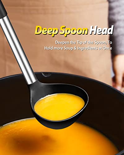 Silicone Pasta Fork and Ladle Spoon Set, Large Non Stick Kitchen Utensils for Cooking,Stirring,Serving Spaghetti, Soup, Sauce (BLACK) - color: Black